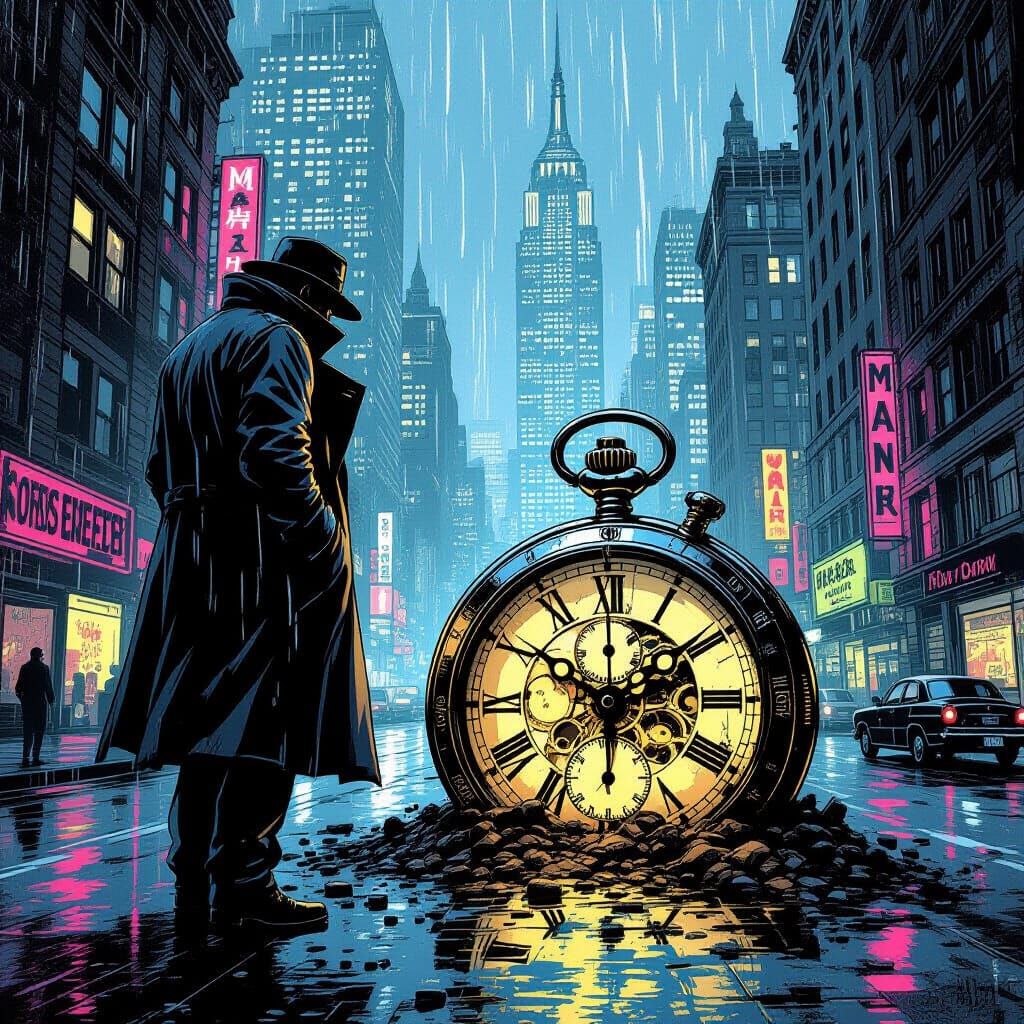 Grizzled Detective Investigates Giant Watch on Neon Street