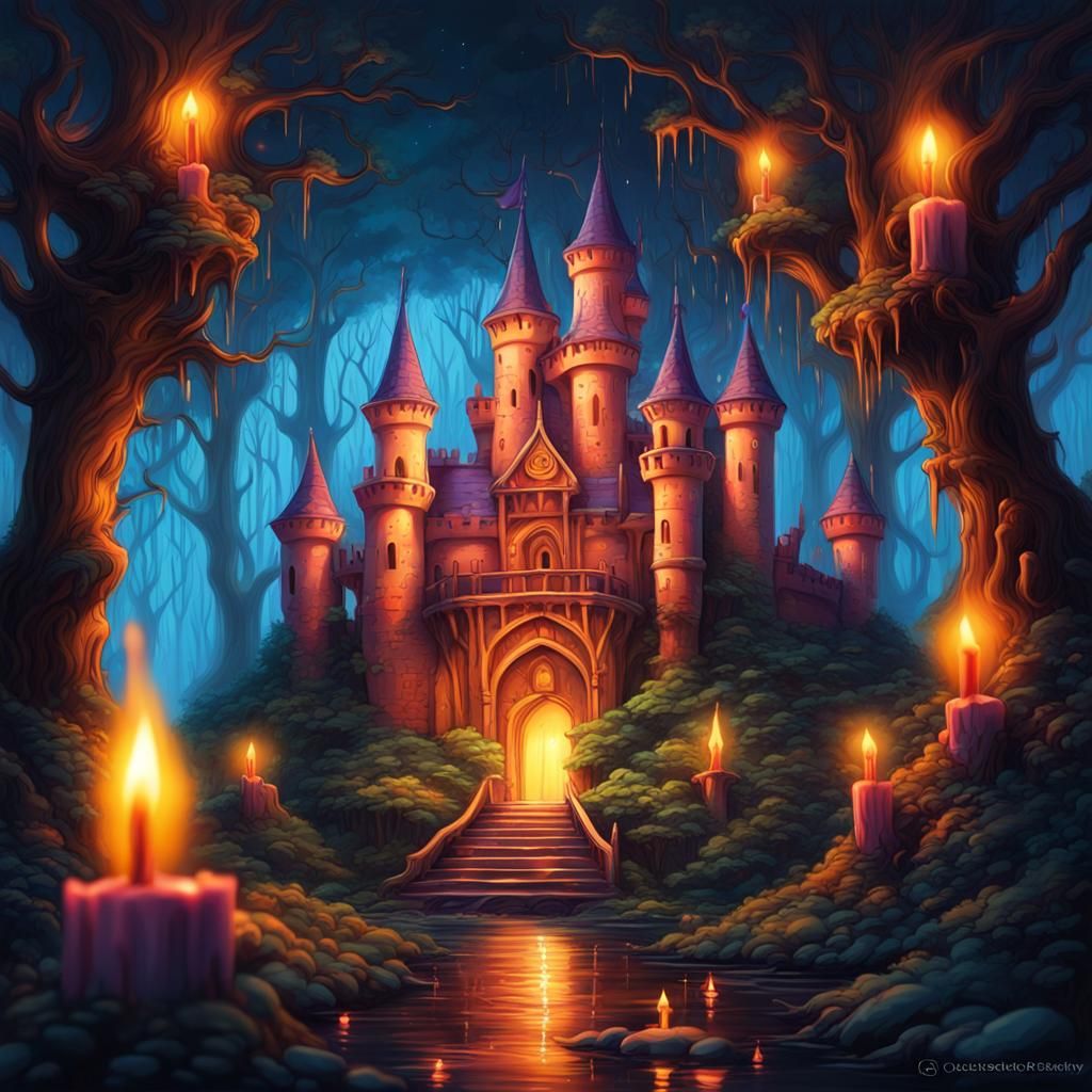 Illuminated Castle in Forest: Graffiti Art Style