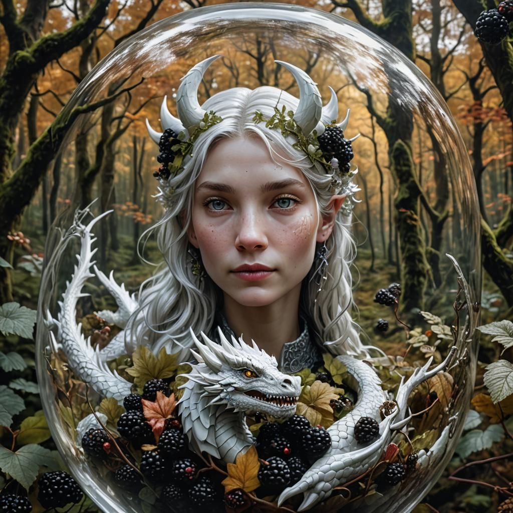 White Dragon and Woman in Autumn Forest Globe