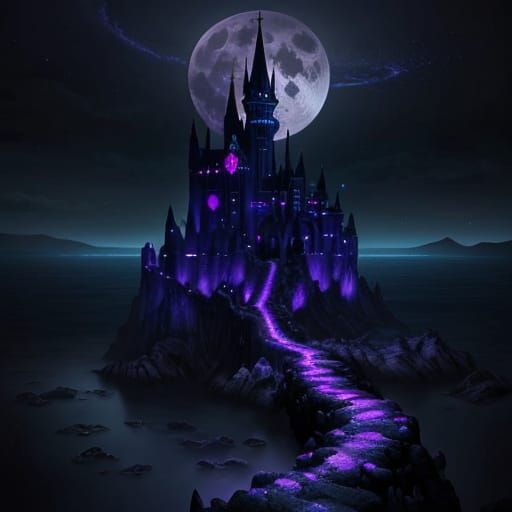 Gothic Castle Under Luminous Moon in Bioluminescent Garden