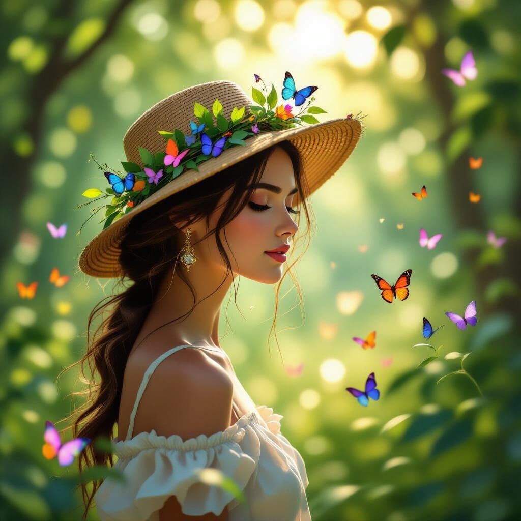 Woman in Sun-Dappled Forest Clearing, Vibrant Butterflies
