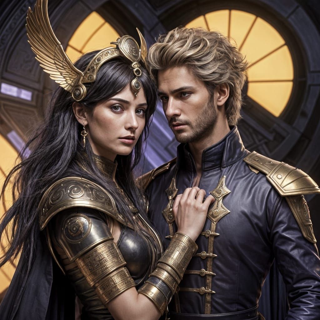 Futuristic Goddess Isis with Dionysus in Gundam Armor