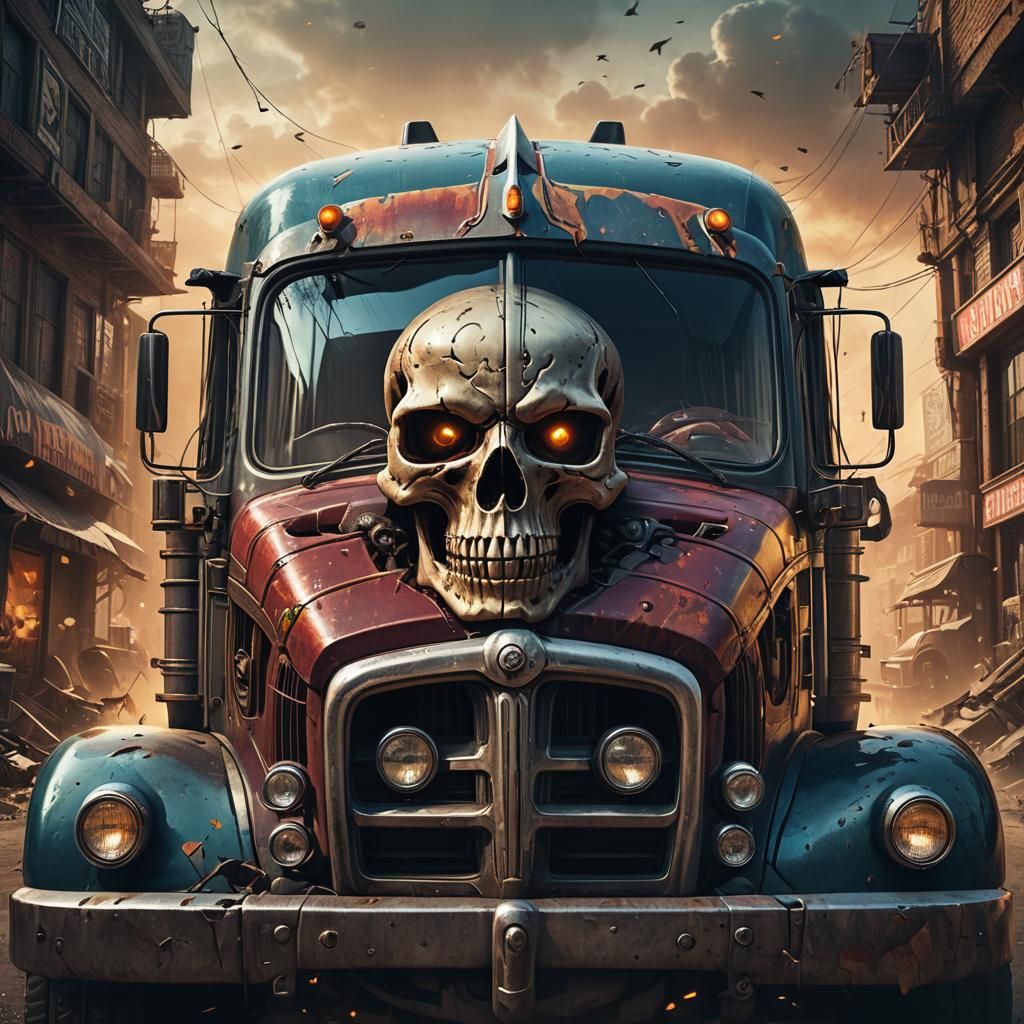 Horrifying Skull Truck in Vintage Movie Poster Style