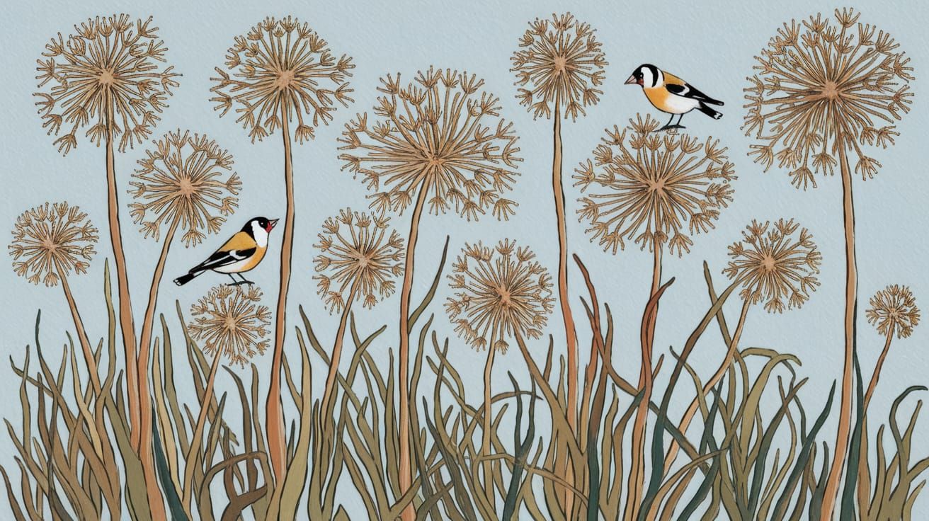 Goldfinches Feeding on Seed Pods in Watercolor Style