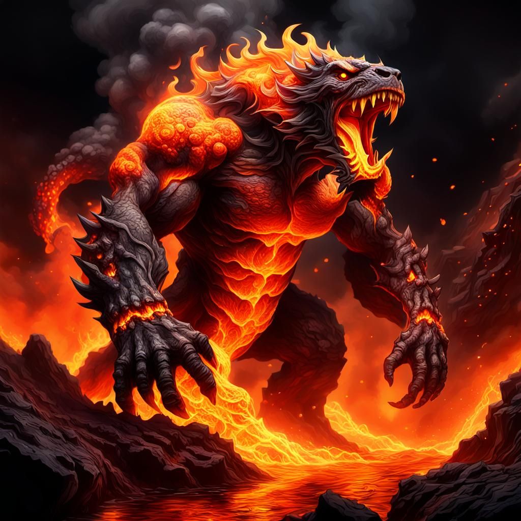 Fiery Beast Rises from Hellish Pit: Digital Art
