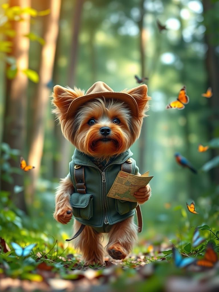 Yorkie Explorer Embarks on a Whimsical Forest Adventure