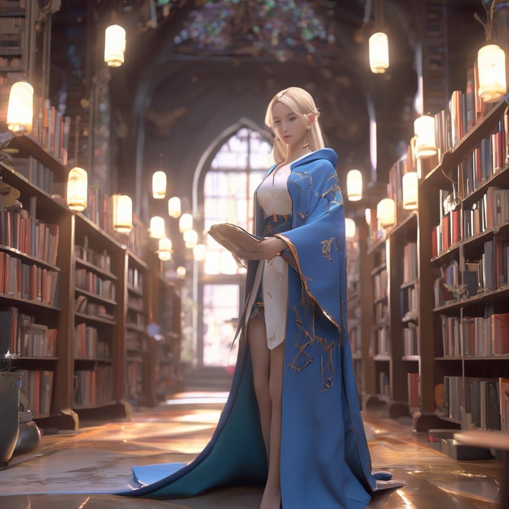 Blonde Half-Elf Wizard in Colorful Magical Library