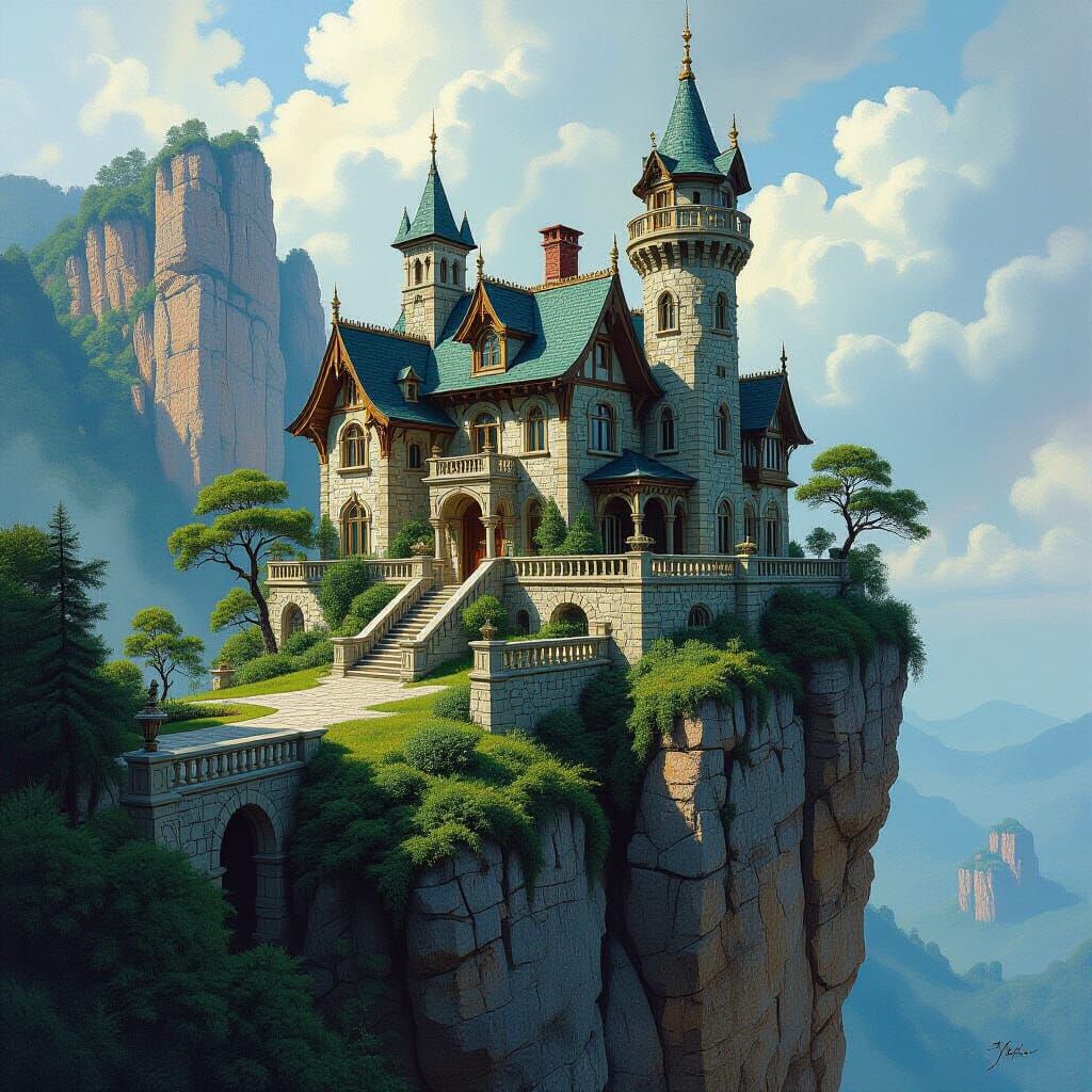 Majestic Cliffside Home in Frazetta Oil Painting Style