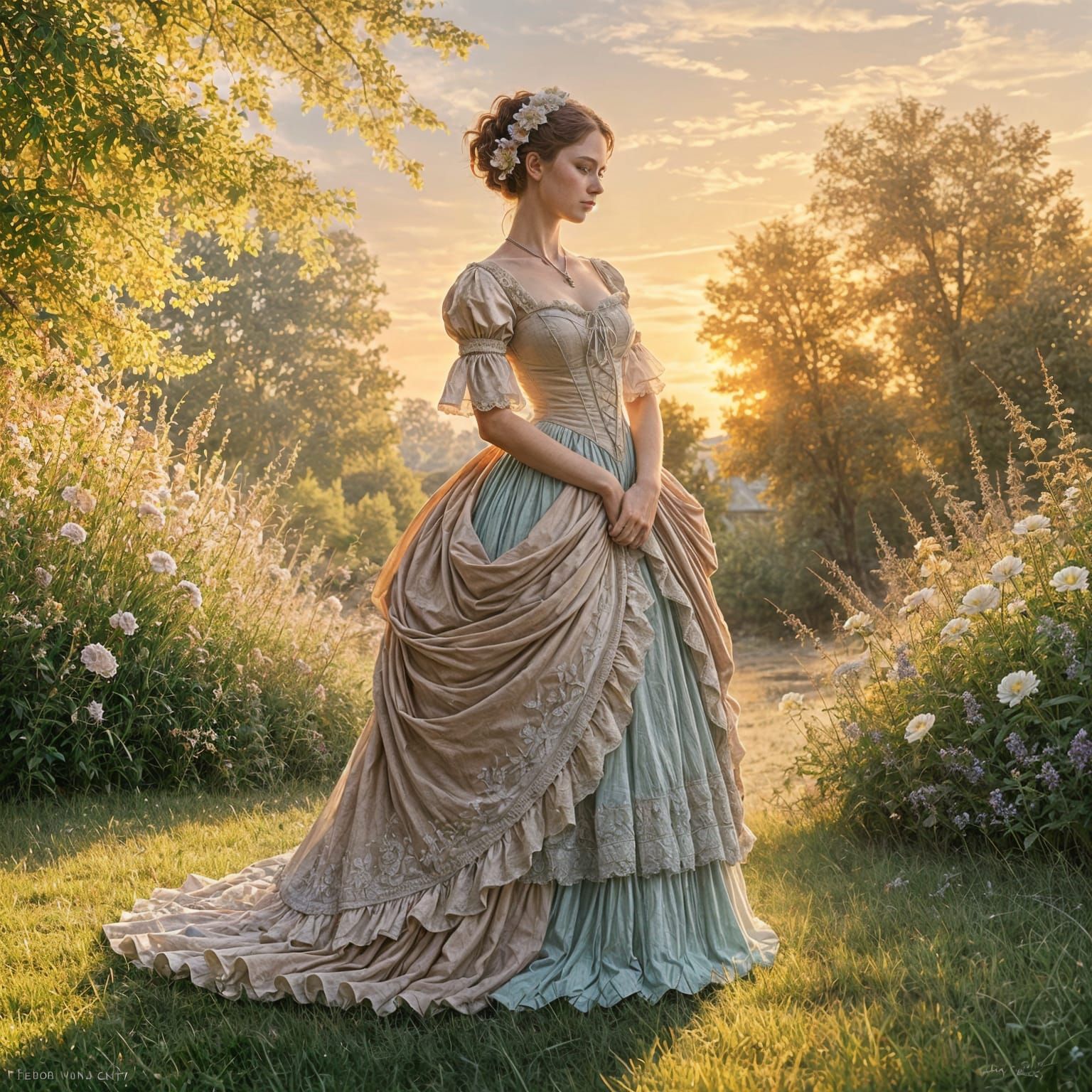 Victorian Lady at Sunset: Oil Painting