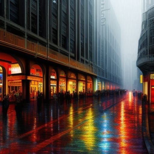 Rainy Cityscape in Detailed Digital Painting Style