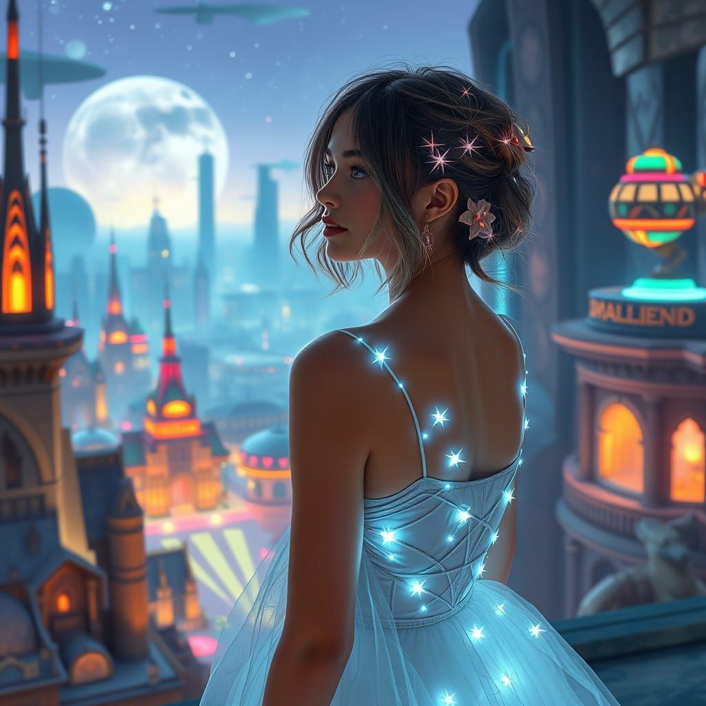 Bioluminescent Woman in Starlight Gown Over Alien Cityscape