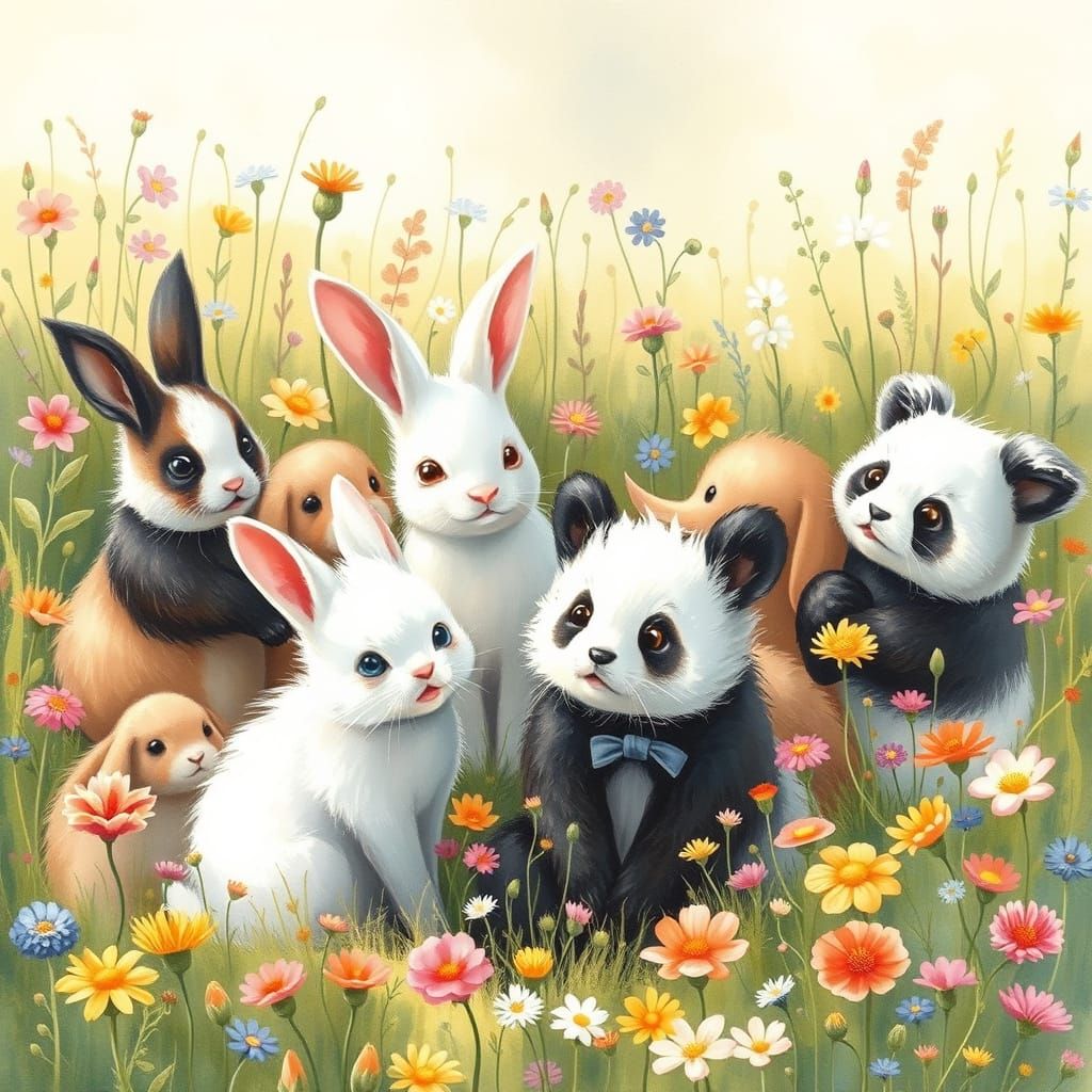 Whimsical Woodland Creatures Gather in Vibrant Meadow