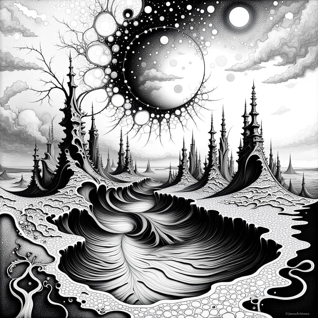 Intricate Surreal Landscape with Geometric and Futuristic In...