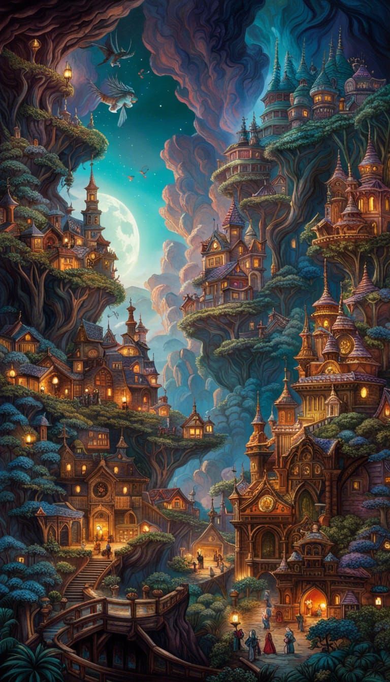 Fairy Village in Glowing Skull, Borderland Fantasycore Art