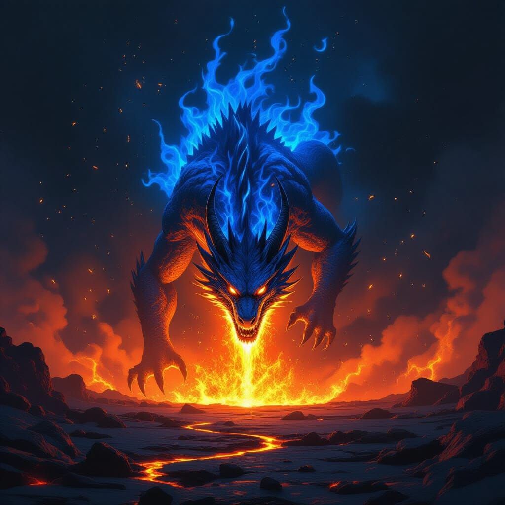 Majestic Blue Fire Dragon Emerges from Lava