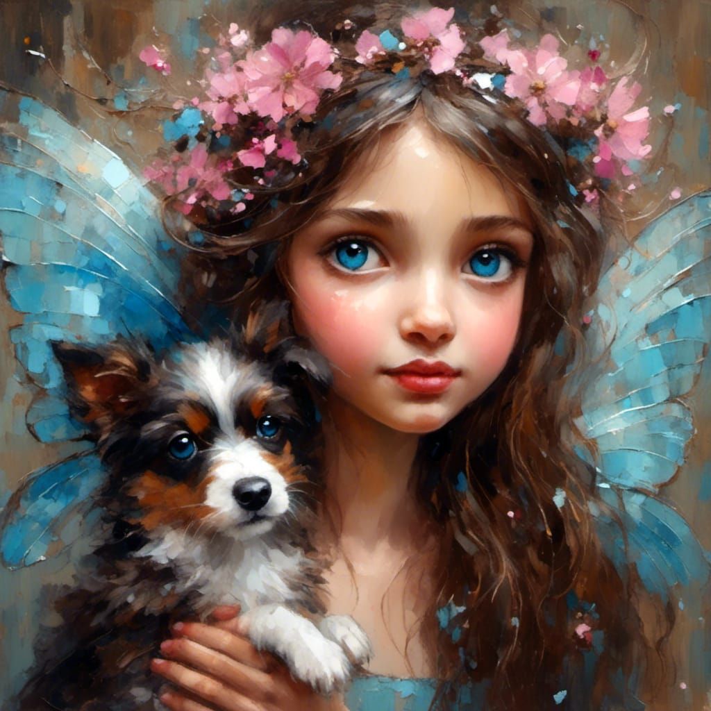 Fairy Girl with Puppy, Impasto Oil Painting