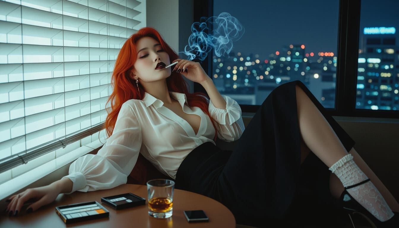 Serene Japanese Woman in Office, Cinematic Film Still