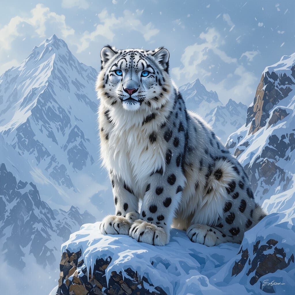 Snow Leopard on Ice Mountain in Hyperrealistic Style