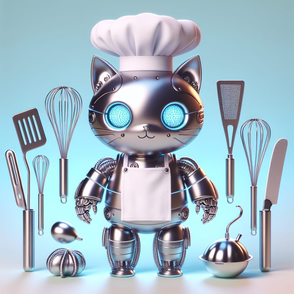 Cyborg Kitchen Cat: 3D Render of a Cybernetic Kitten