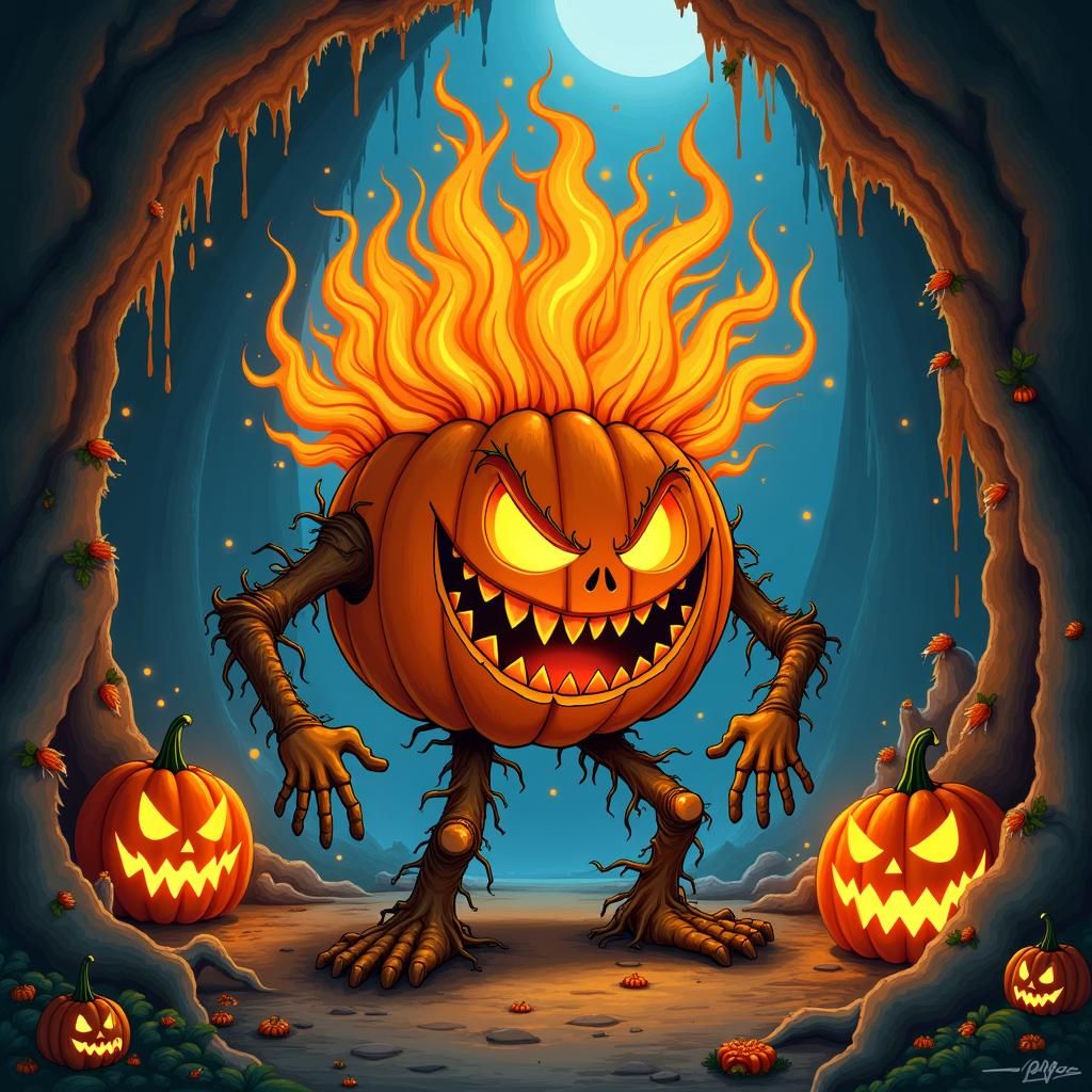 Flaming Jack-o'-Lantern Halloween Cavern in Fantasy Art Styl...