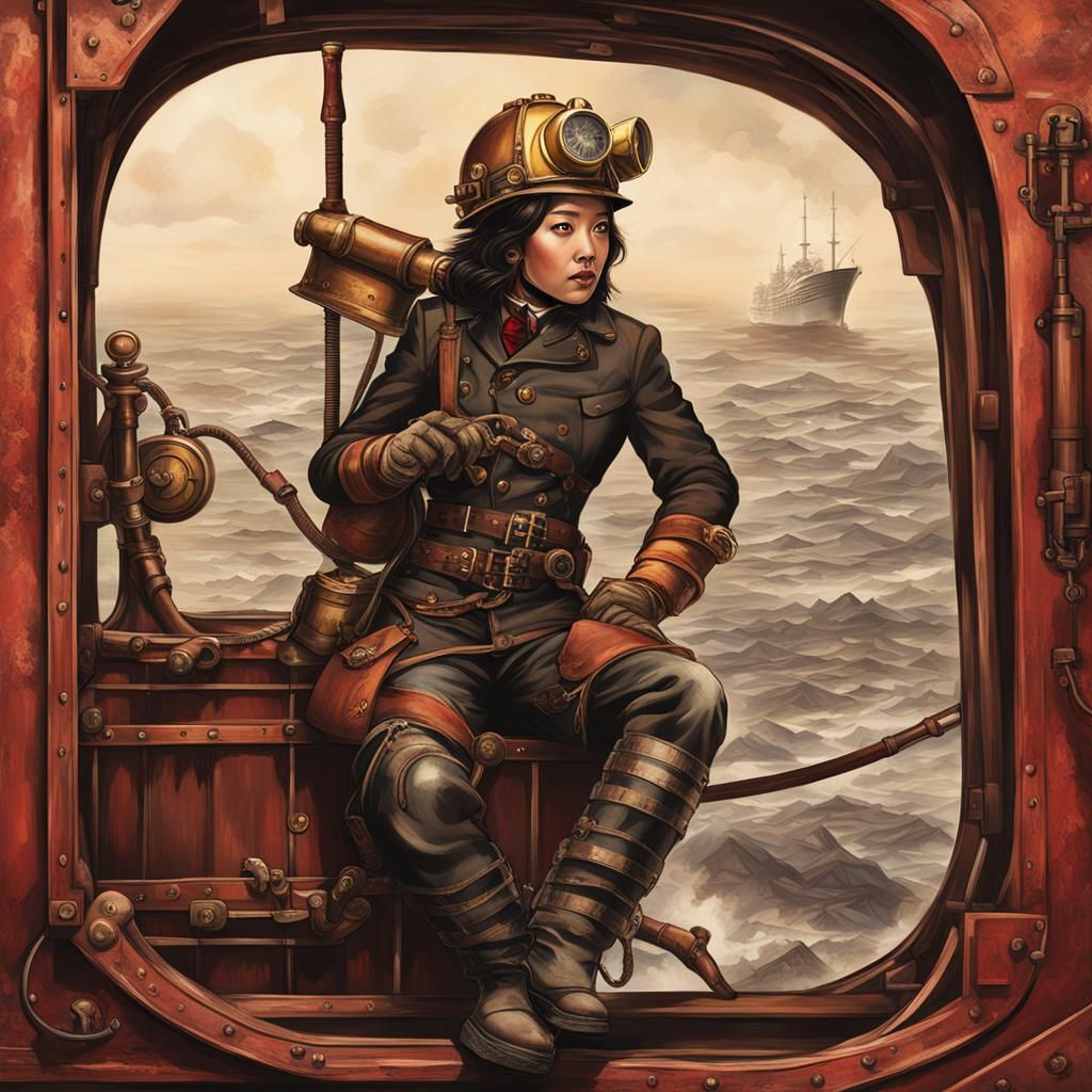 Steampunk Firewoman on Airborne Ship