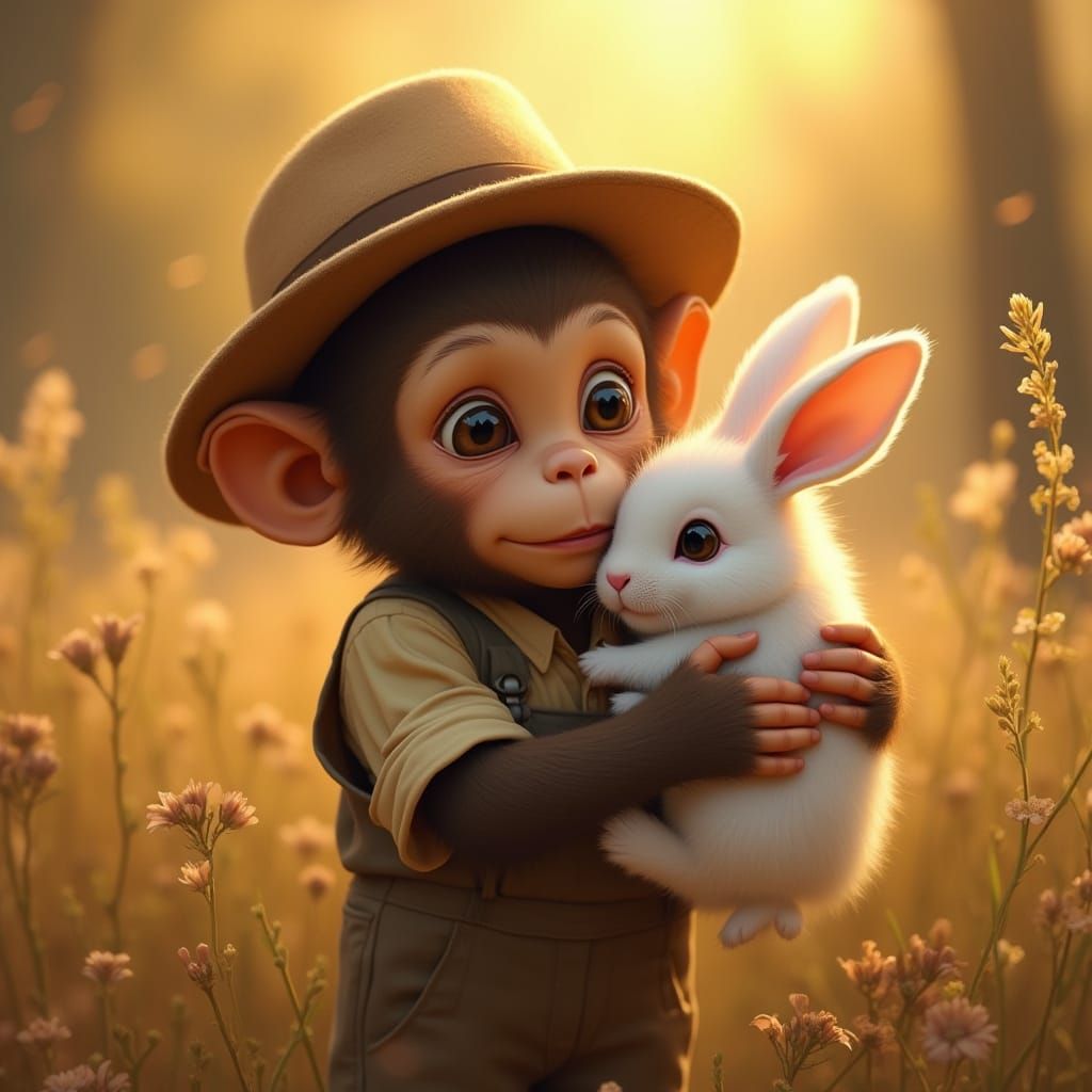 A Young Farmer Monkey Embraces a White Rabbit Cinematic Mast...