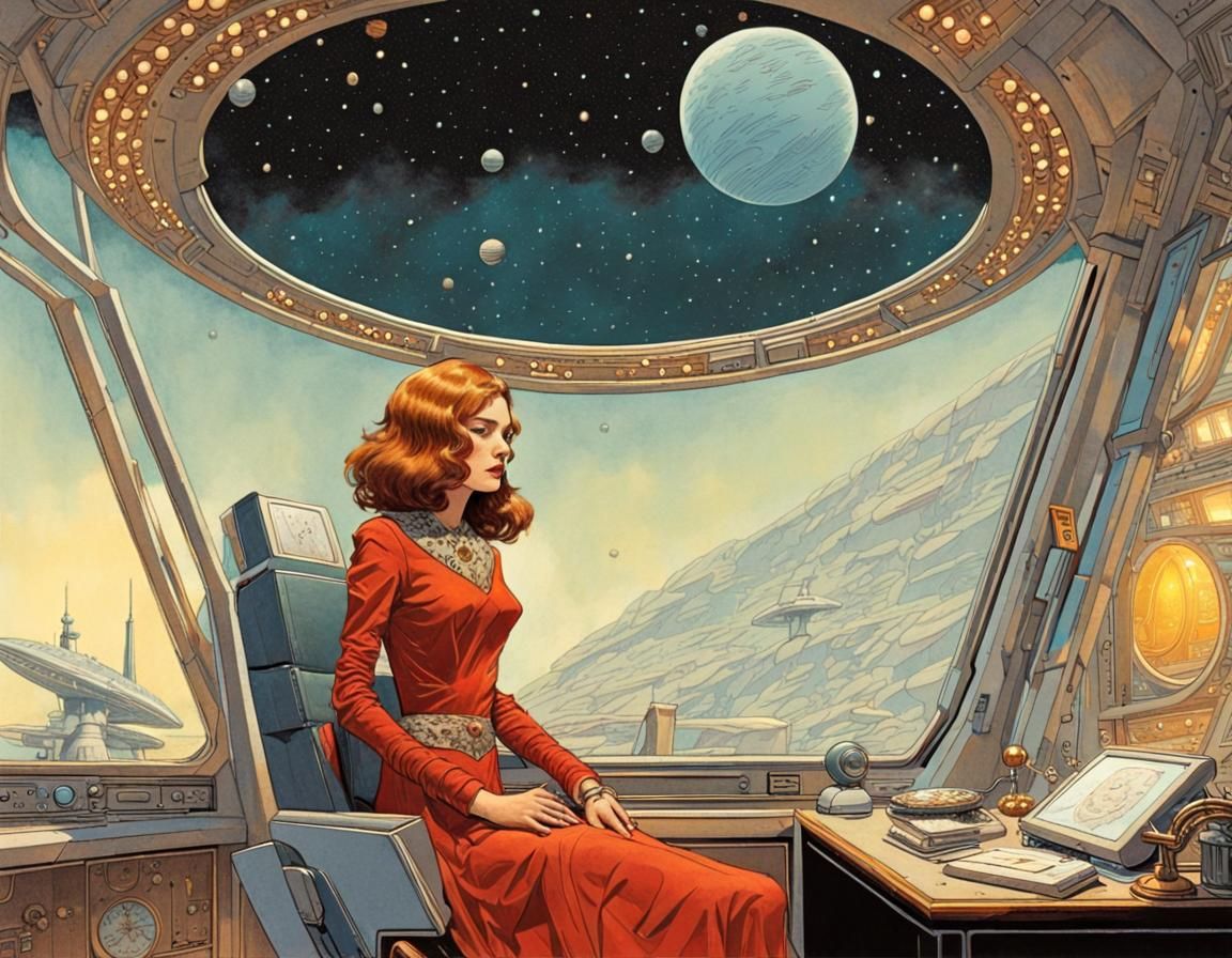 Retrofuturist Sci-Fi Queen with Space King and Dog