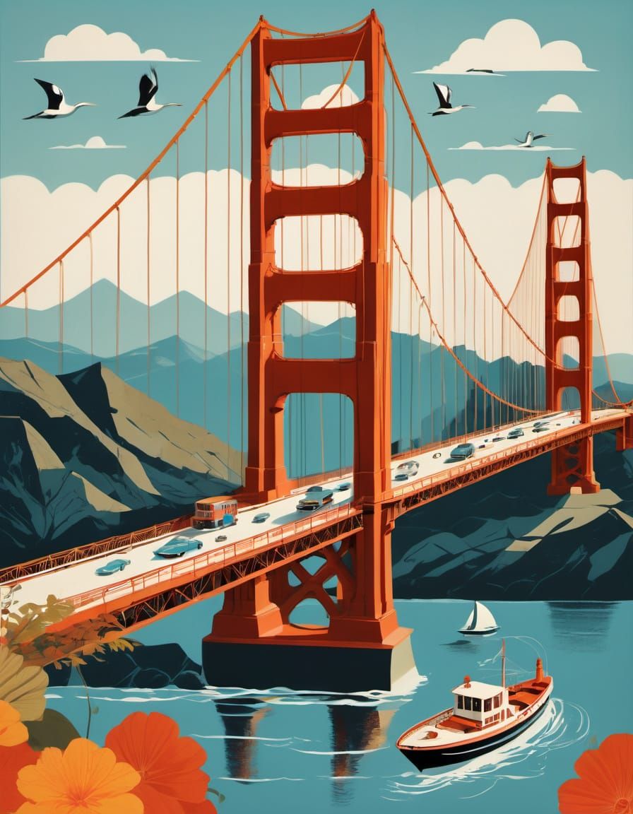 Bold Graphic Golden Gate Bridge Illustration in Mid-Century ...