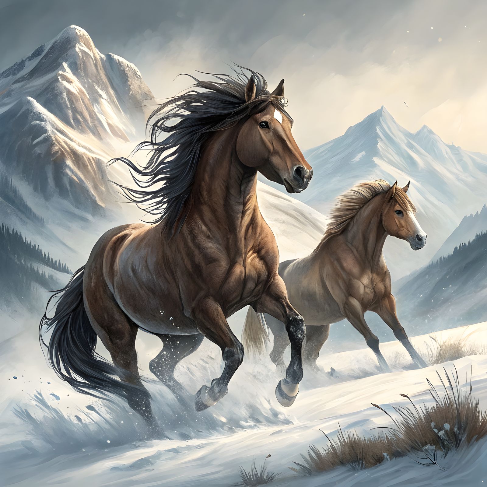 Wild Stallions Clash in Snowy Mountain Meadow