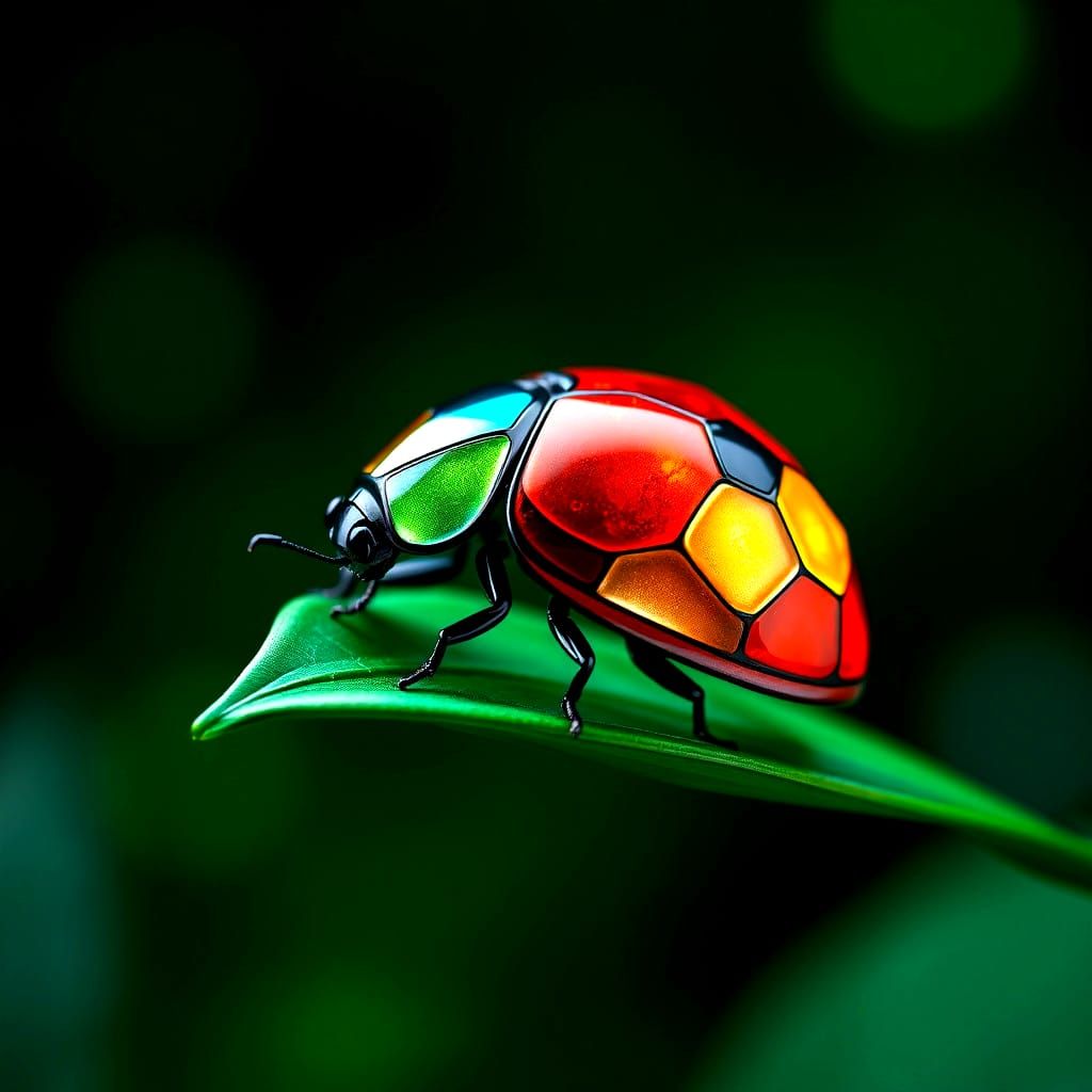 Stained Glass Ladybug on Leaf in 3D Hyperreal