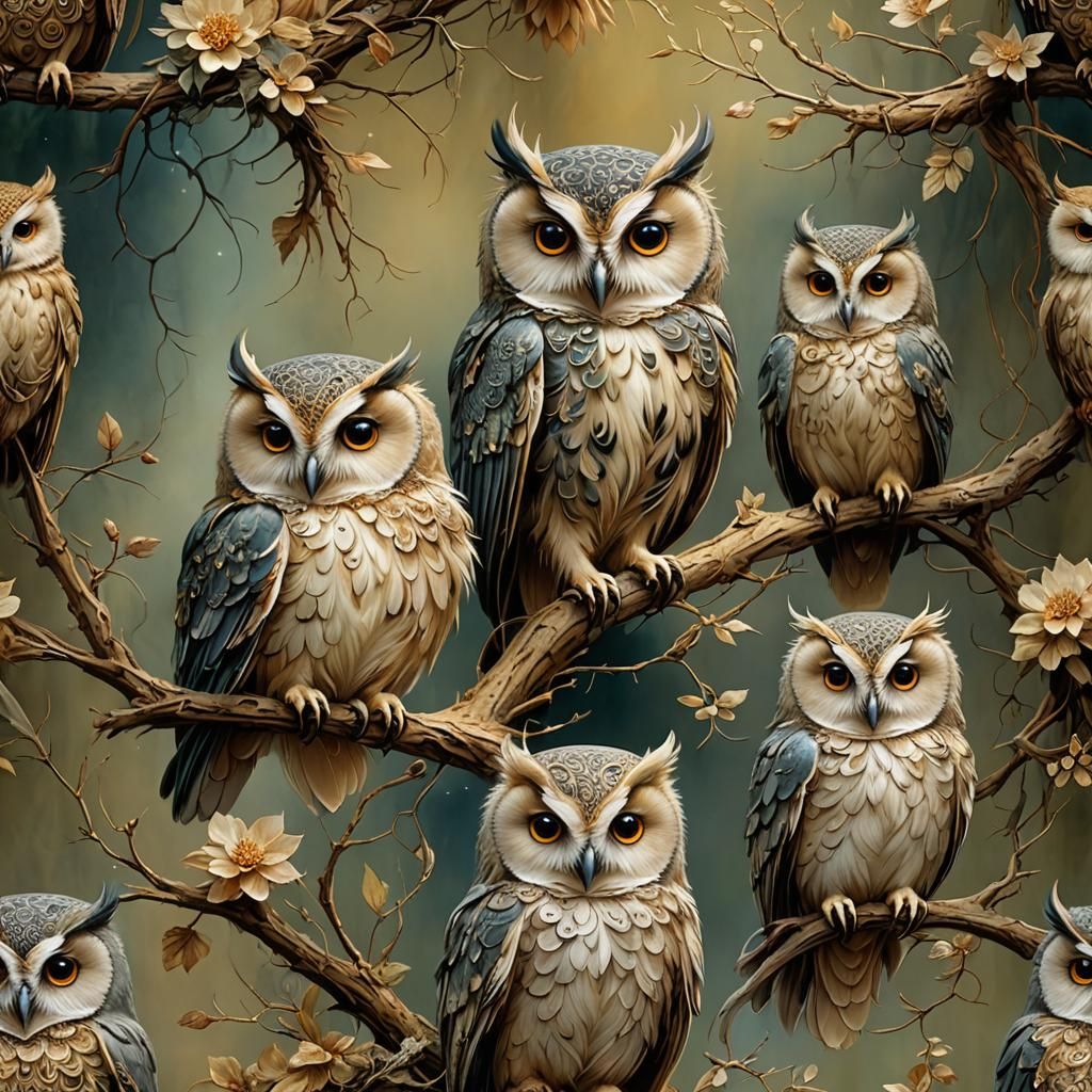 Intricate Owls in Surrealist Style