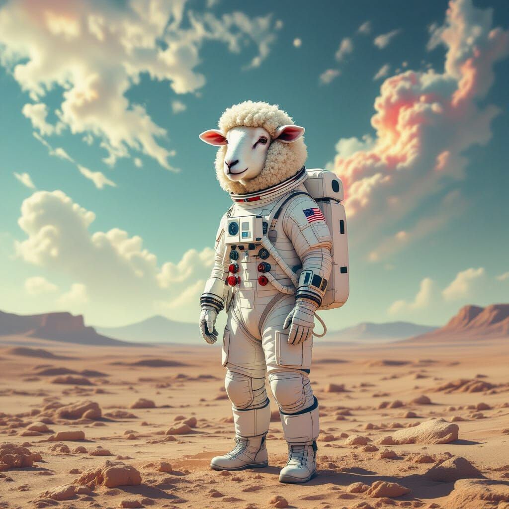 Astronaut with Sheep Head on Alien Planet