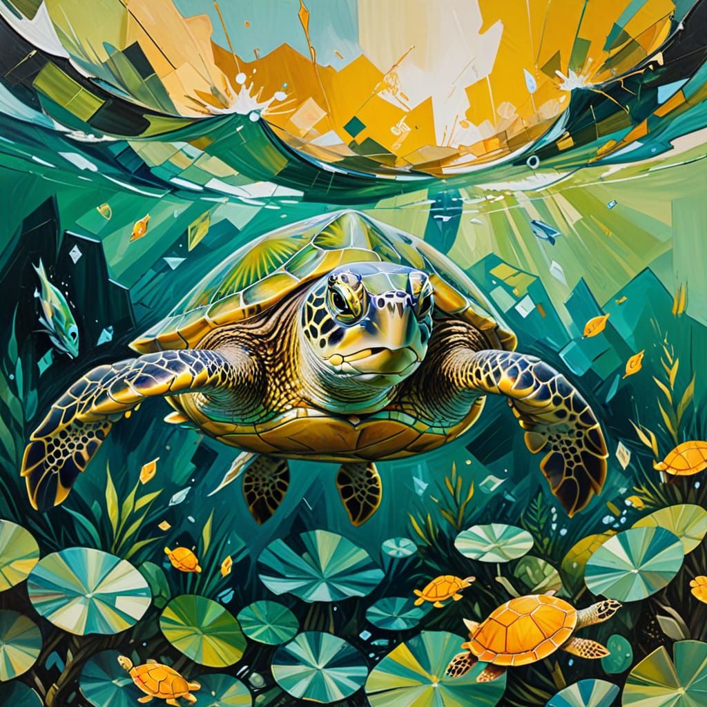 Cubist Sea Turtle in Dramatic Motion