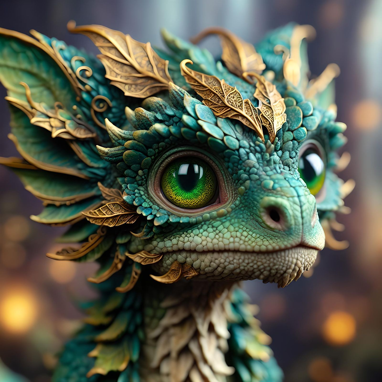 Mystical Dragon-Lizard with Golden Leaf Accents
