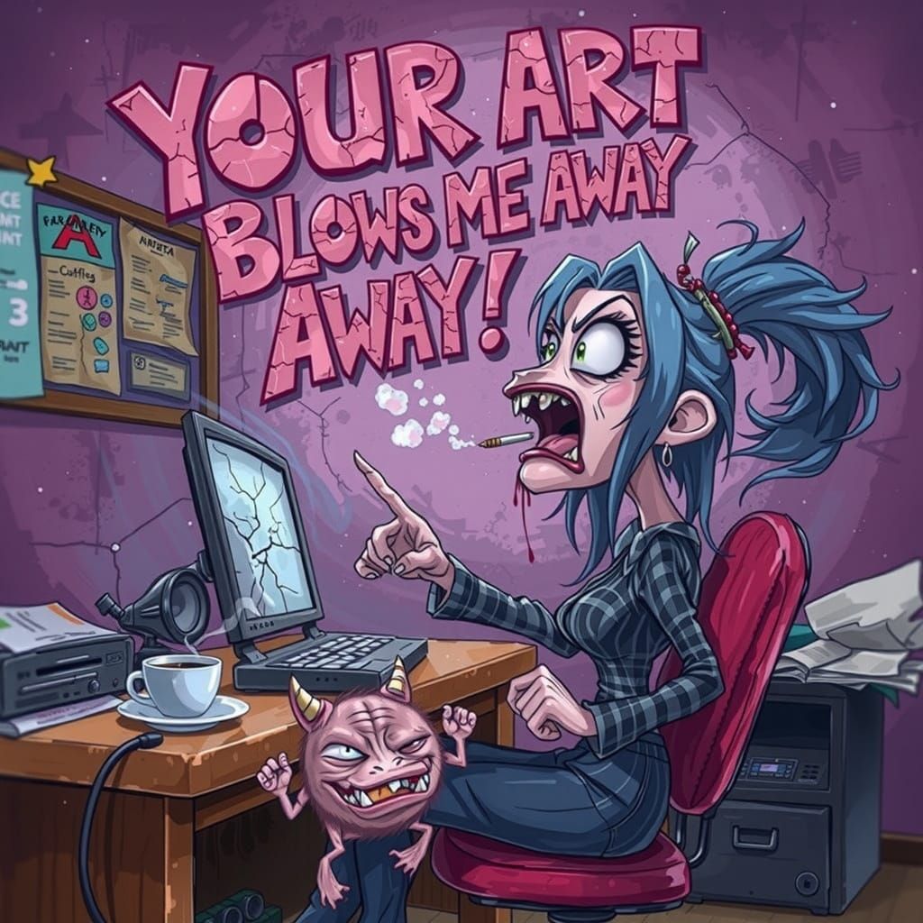 In the style of R. CRUMB, at the top of the canvas floats te...