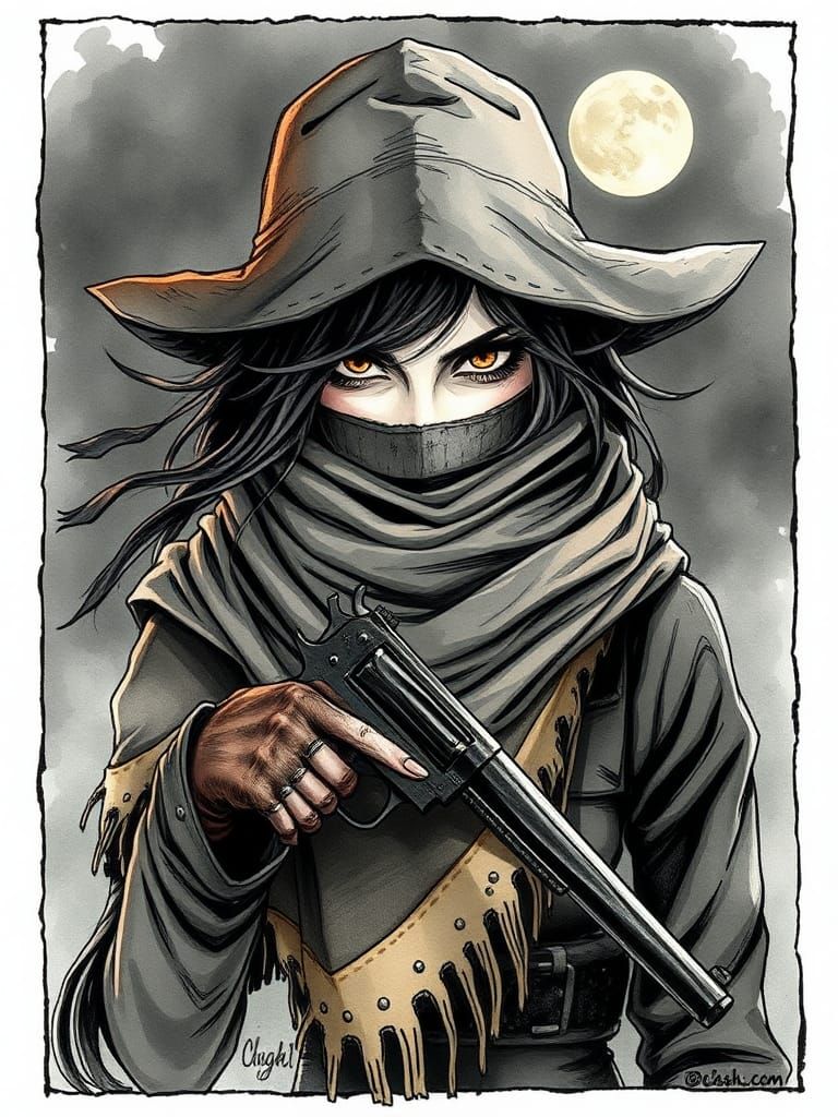 Mysterious Gunslinger Girl in Smoky Western Comic Style