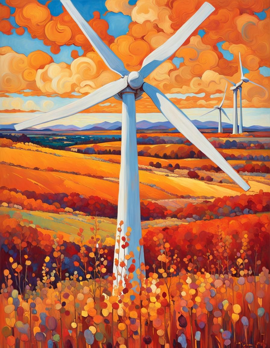 Wind Turbine in Autumn Landscape as Impasto Painting