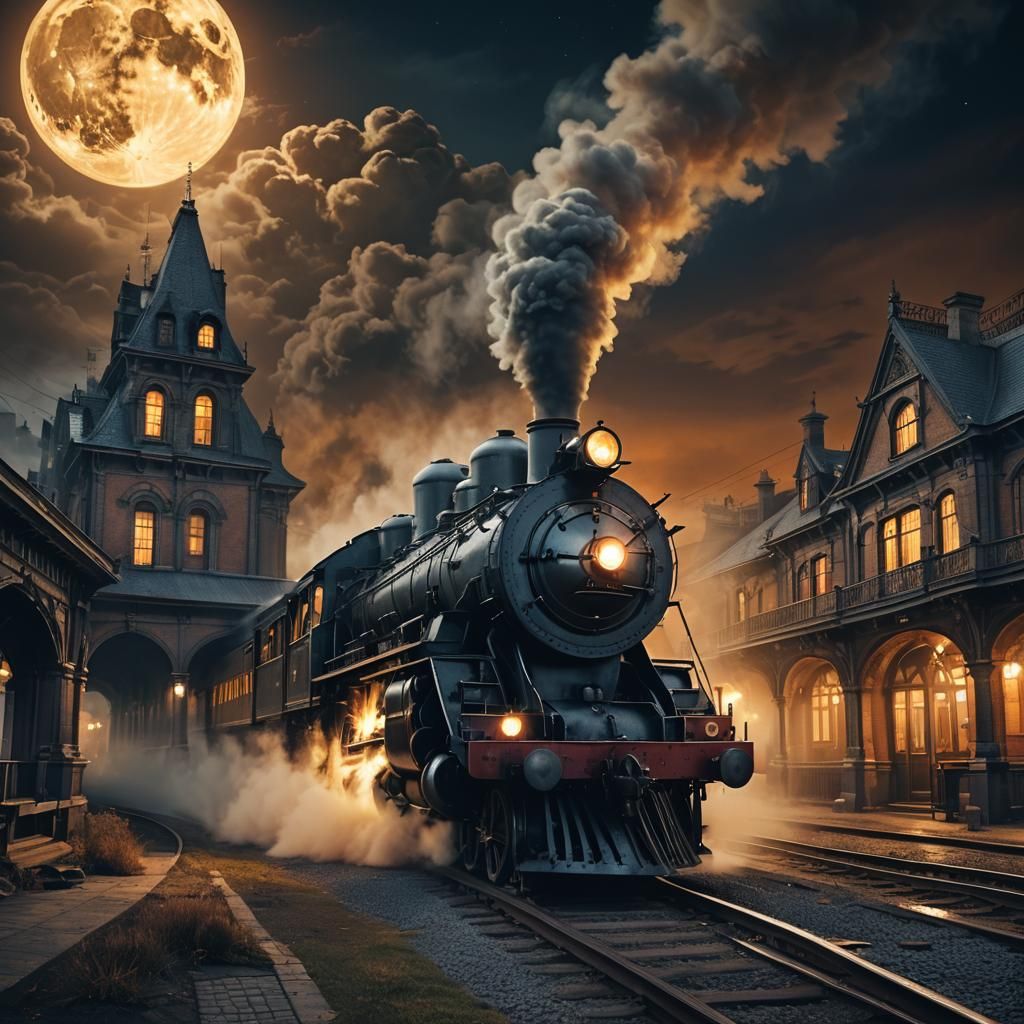 Steam Train Departs Haunted Station: Fantasy Art
