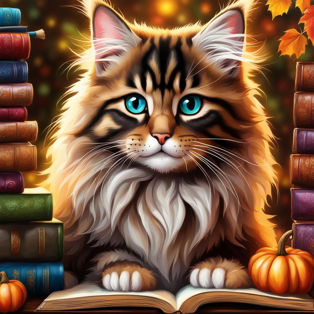Chibi Maine Coon Cat in Bohemian Book Nook