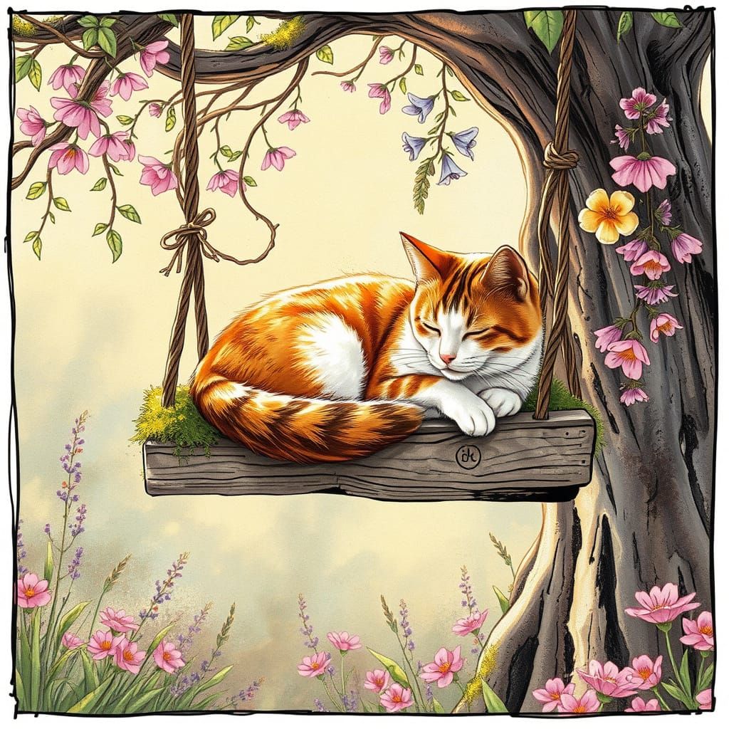 Surreal Golden Calico Cat on a Rustic Wooden Swing in Vibran...