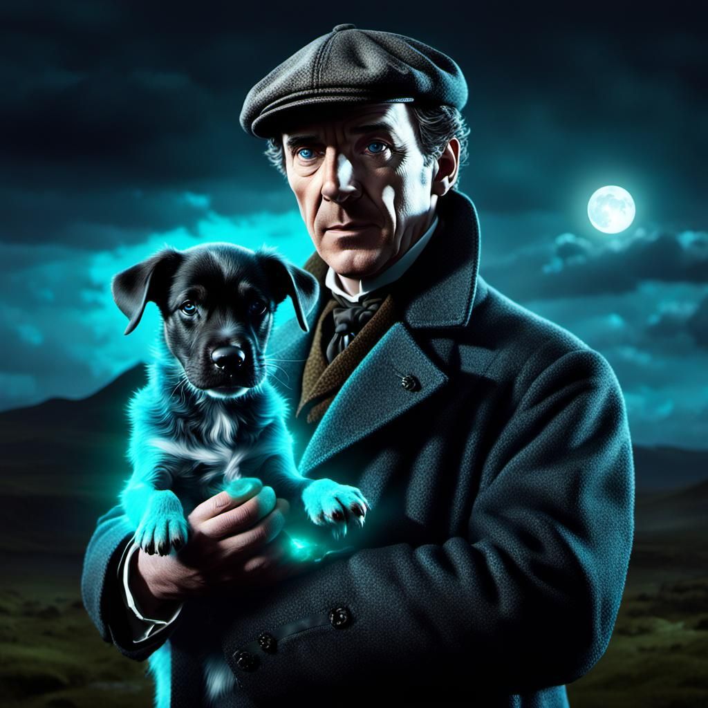Sherlock Holmes Portrait with Bioluminescent Puppy