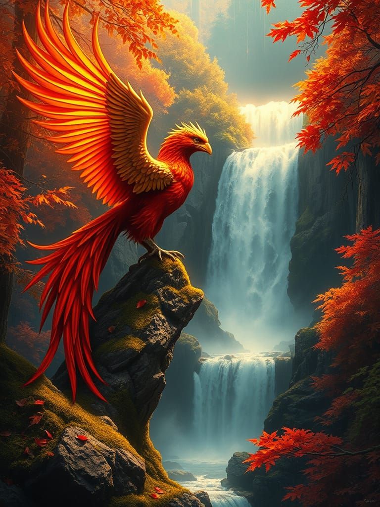 Majestic Phoenix on Ancient Stone Overlooking Waterfall
