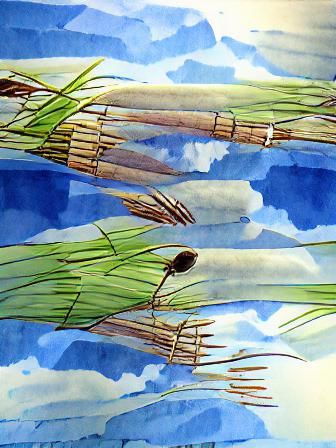 Watercolor Reeds and Cattails Against Blue Sky