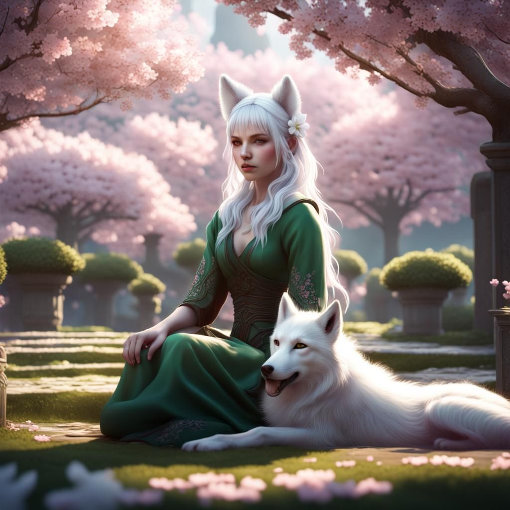 Woman with Wolf Ears in Cherry Blossom Garden