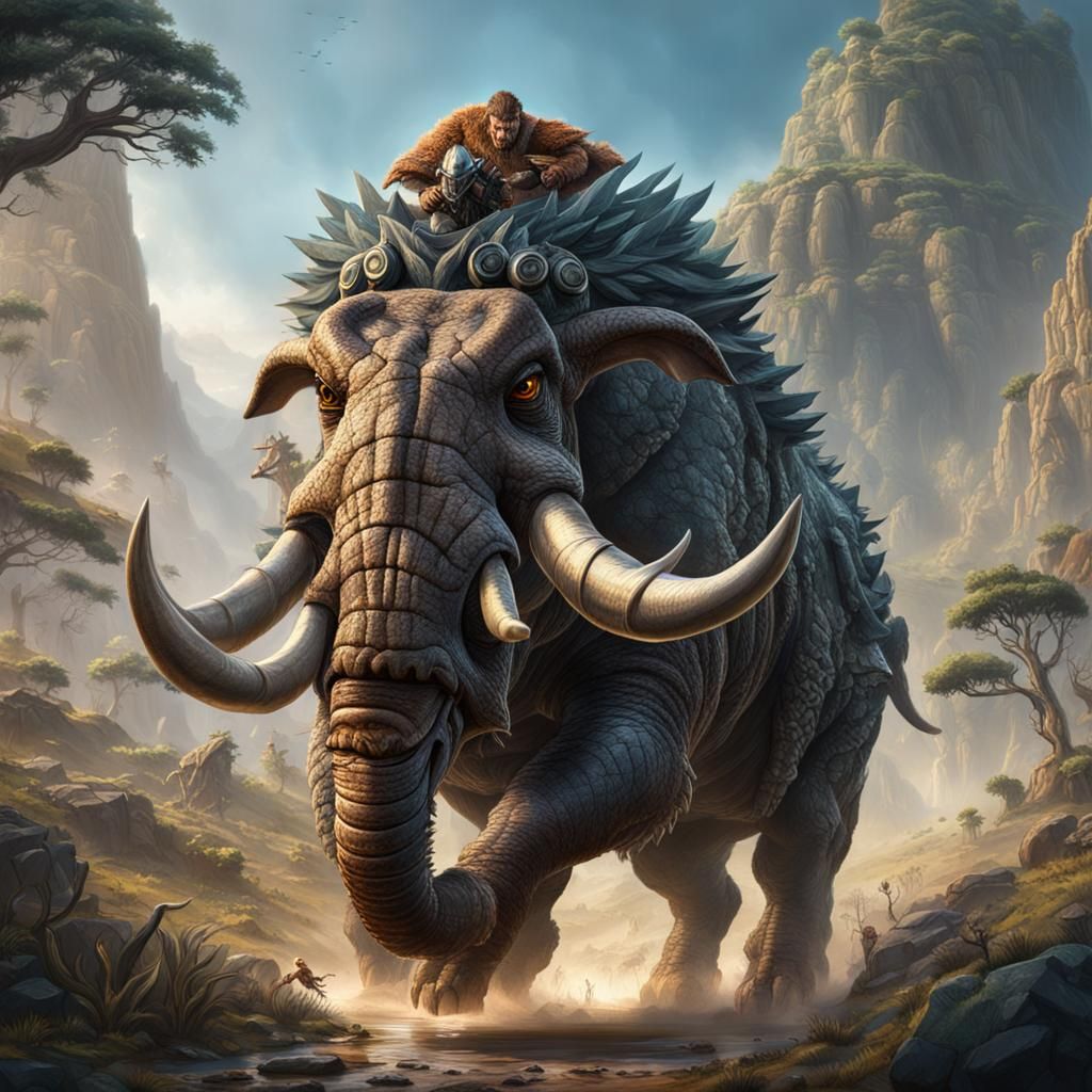 Stone Age Hunter Rides Stegodon: Detailed Matte Painting