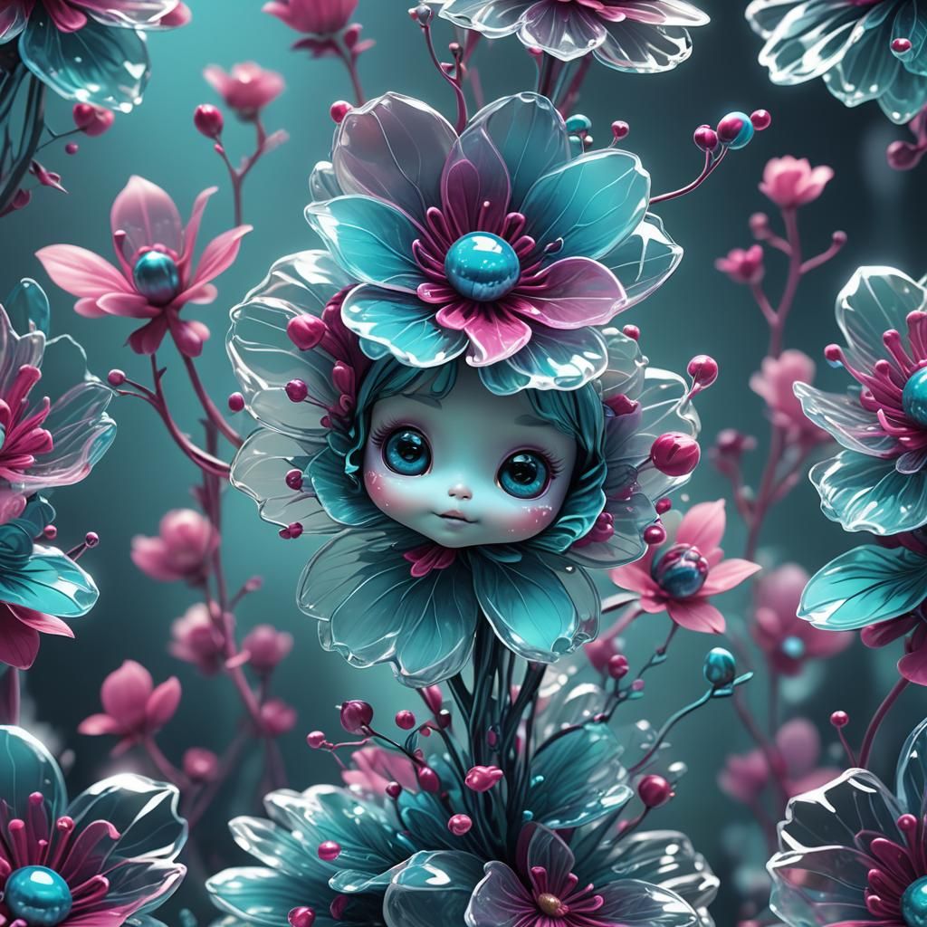 Dreamy Chibi Flower in Teal and Fuchsia: Surreal Close-Up
