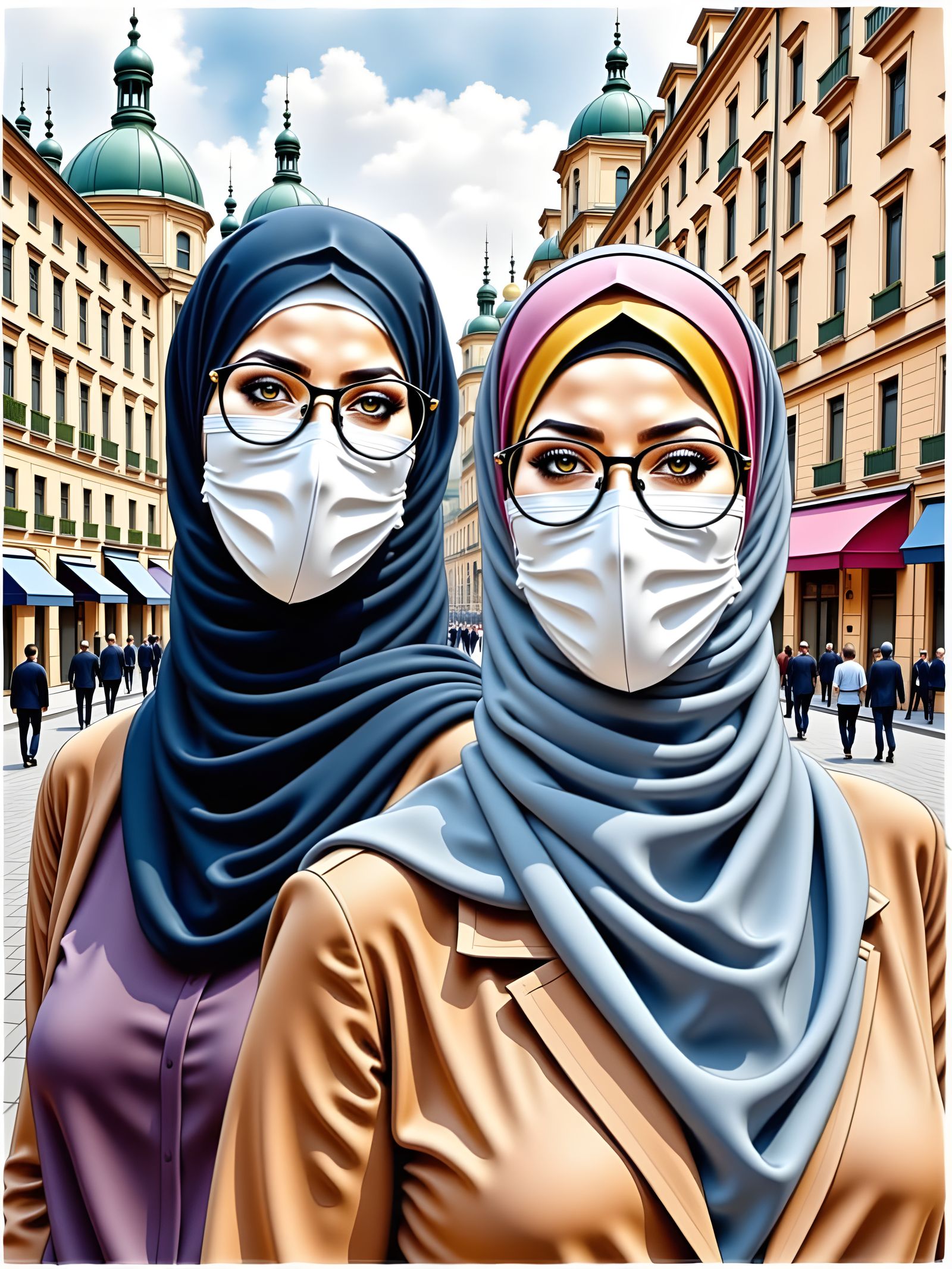 Niqabi Friends in City, Watercolor Style