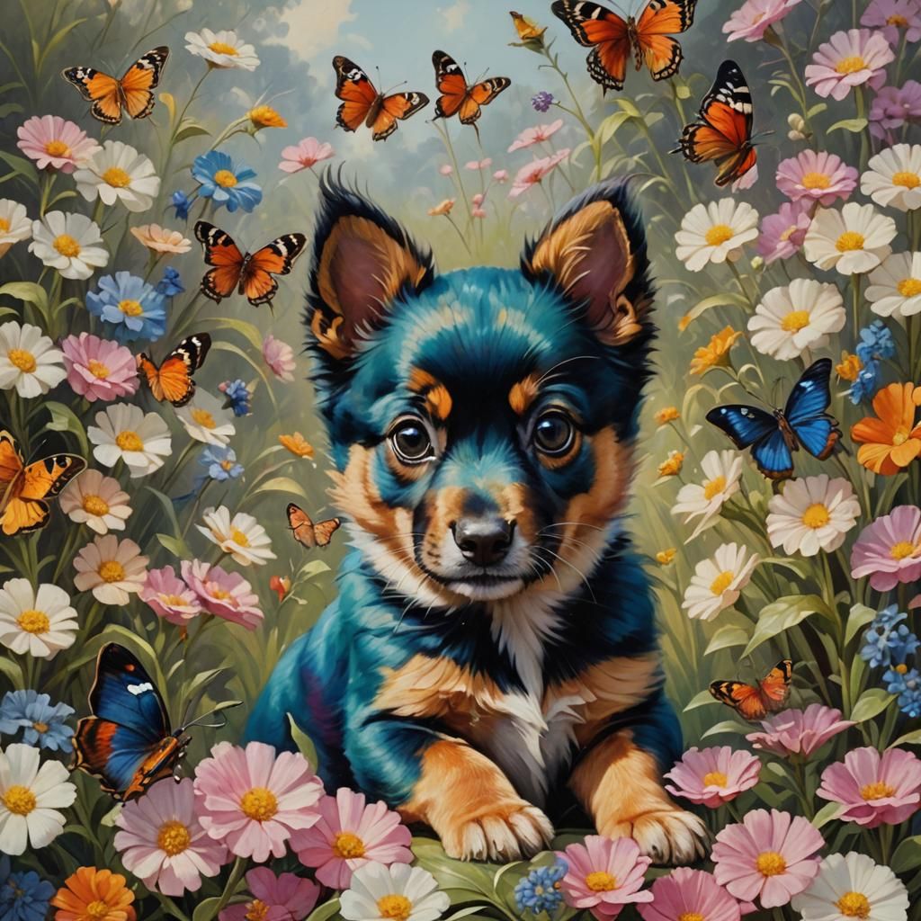 Puppy and Butterfly in a Floral Oil Painting