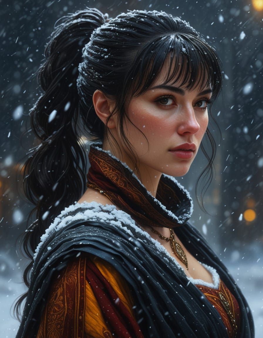 Ethereal Portrait of Eve in Falling Snow, Renaissance-Inspir...