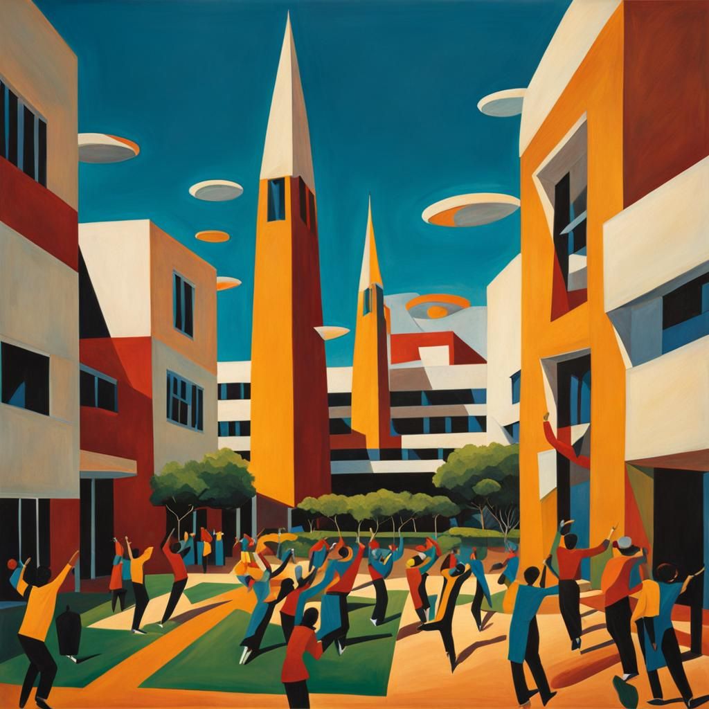 Cubist Flying Saucers Over College Campus, 1993